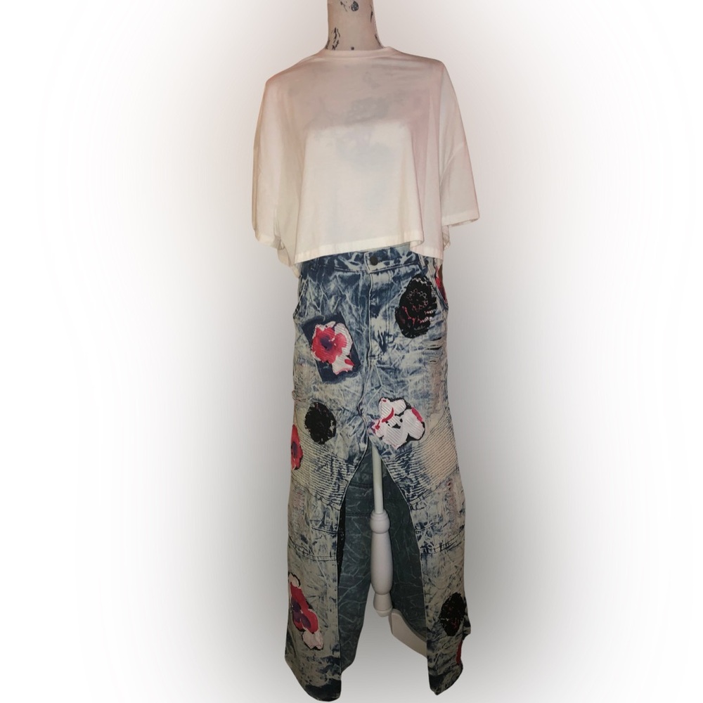 Handcrafted Upcycled Maxi Skirt with Watercolor Flower Appliqués & Lace Details
